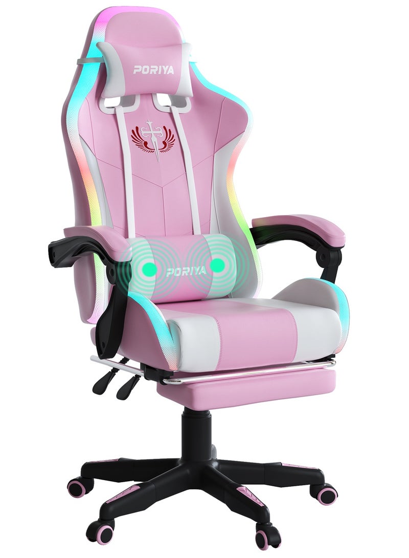 PORIYA Ergonomic Gaming Chair with Massage Lumbar Cushion & LED Lights, Adjustable Executive Office Chair with Footrest, 90–145° Recline, Height Adjustable, PVC Leather, 150kg Capacity (Pink Massage&LED) - Image 1